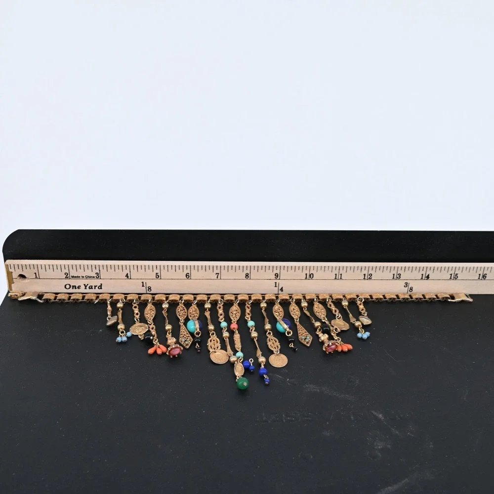Vintage Gold Tone Victorian Revival Fringe Charm Necklace Lapis Coral Turquoise